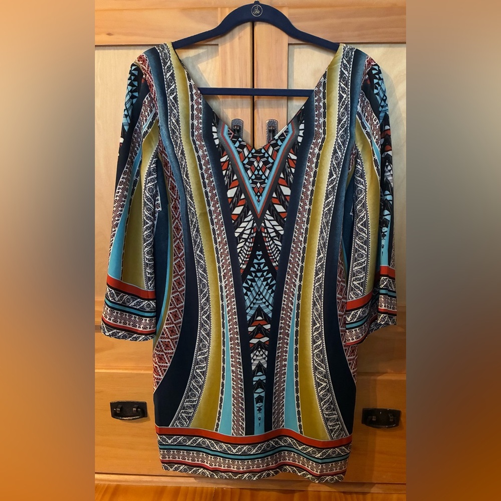 Pink Owl Apparel Geometric V-Neck Shift Dress Size Small Tribal Print